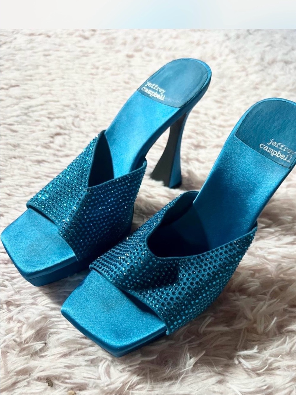 Jeffrey Campbell Teal Satin Crystal Slide Mules